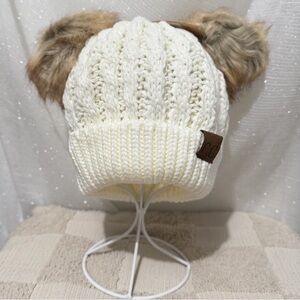C.C Cream Knit Beanie with Faux Fur Pom Pom